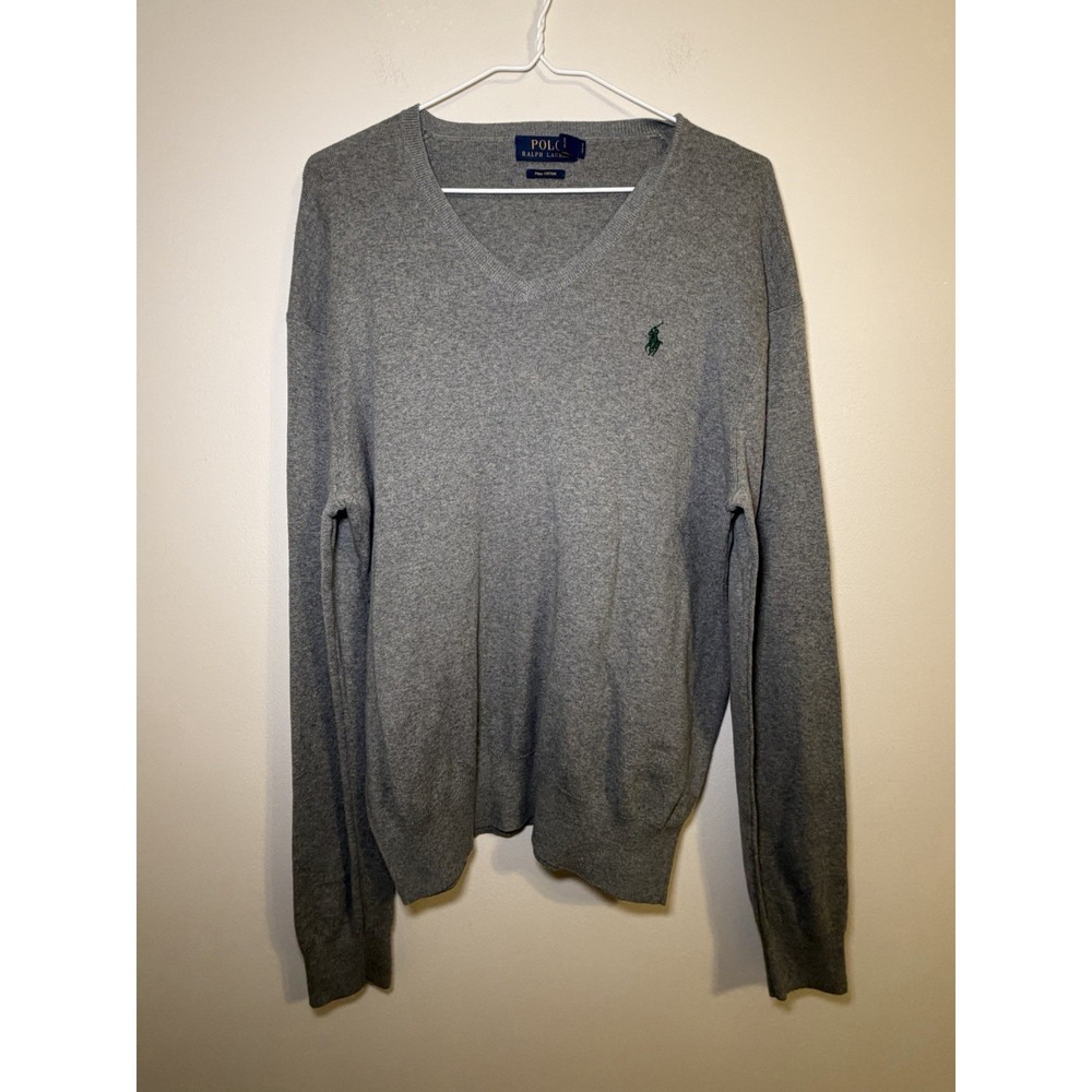 Polo Ralph Lauren V-Neck Sweater‎ Mens Medium Grey Pima Cotton Knit Pony Logo